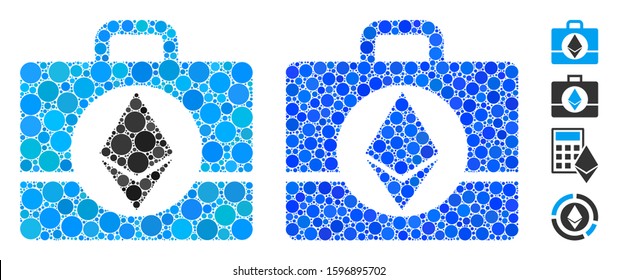 Ethereum case composition of filled circles in different sizes and color hues, based on Ethereum case icon. Vector random circles are organized into blue composition.