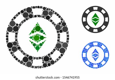 Ethereum casino chip composition of filled circles in different sizes and shades, based on Ethereum casino chip icon. Vector filled circles are grouped into blue composition.