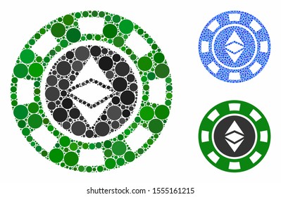Ethereum casino chip composition of filled circles in variable sizes and color tints, based on Ethereum casino chip icon. Vector filled circles are grouped into blue mosaic.