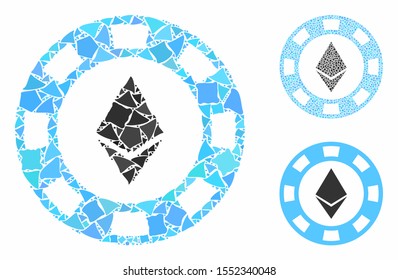 Ethereum casino chip composition of unequal elements in various sizes and shades, based on Ethereum casino chip icon. Vector trembly elements are grouped into composition.