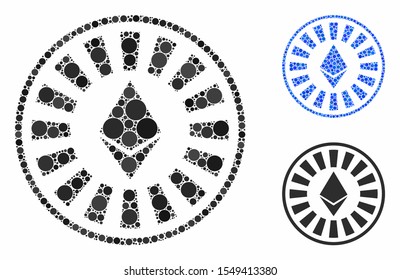Ethereum casino roulette composition of small circles in different sizes and color tones, based on Ethereum casino roulette icon. Vector small circles are combined into blue mosaic.