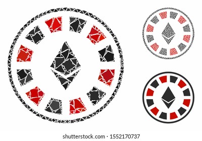 Ethereum casino roulette composition of uneven elements in different sizes and color tints, based on Ethereum casino roulette icon. Vector uneven elements are organized into composition.