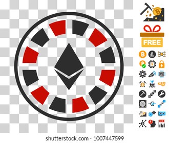 Ethereum Casino Roulette icon with bonus bitcoin mining and blockchain pictograms. Vector illustration style is flat iconic symbols. Designed for crypto currency software.