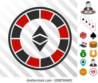 Ethereum Casino Roulette icon with bonus gamble symbols. Vector illustration style is flat iconic symbols. Designed for gamble websites.