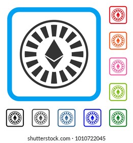 Ethereum Casino Roulette icon. Flat gray iconic symbol inside a blue rounded frame. Black, grey, green, blue, red, pink color variants of ethereum casino roulette vector.