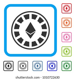 Ethereum Casino Roulette icon. Flat gray pictogram symbol inside a blue rounded rectangle. Black, gray, green, blue, red, pink color variants of ethereum casino roulette vector.