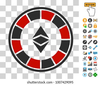 Ethereum Casino Roulette pictograph with bonus bitcoin mining and blockchain pictograms. Vector illustration style is flat iconic symbols. Designed for bitcoin apps.