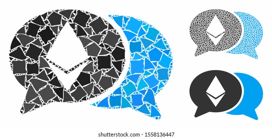 Ethereum chat composition of inequal elements in various sizes and color hues, based on Ethereum chat icon. Vector irregular elements are organized into composition.