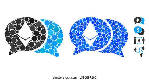 Ethereum chat mosaic of round dots in various sizes and color tinges, based on Ethereum chat icon. Vector round dots are organized into blue collage.
