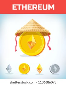 ethereum in Chinese straw hat. ethereum. Digital currency. Crypto currency. Money and finance symbol. Miner bit coin criptocurrency. Virtual money concept. Cartoon Vector illustration.