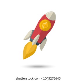 Ethereum chrystal on a rocket illustration isolated on a white background.Virtual money icon.Cryptocurrency in flat style.Symbol of smart technologies. Decentralized computer networks.