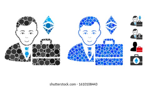 Ethereum classic accounter mosaic of small circles in variable sizes and color tones, based on Ethereum classic accounter icon. Vector small circles are combined into blue collage.