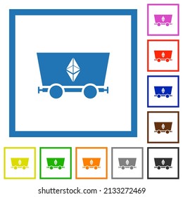 Ethereum classic criptocurrency mining flat color icons in square frames on white background