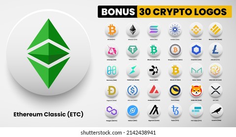 Ethereum Classic ETC crypto logo symbols of cryptocurrency. Set of Bitcoin, Ethereum, Solana, Binance Coin, Binance USD, litecoin,avalanche, chainlink, maker, dogecoin, USD Coin, Shiba Inu, Polygon