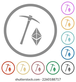 Ethereum classic cryptocurrency mining flat color icons in round outlines on white background