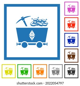 Ethereum classic cryptocurrency mining with treasure flat color icons in square frames on white background