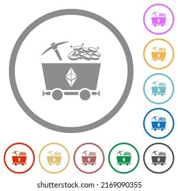 Ethereum classic cryptocurrency mining with treasure flat color icons in round outlines on white background