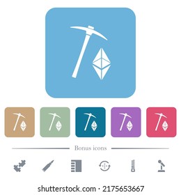 Ethereum classic cryptocurrency mining white flat icons on color rounded square backgrounds. 6 bonus icons included