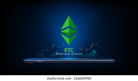 Ethereum Classic cryptocurrency symbol come out from smartphone with growth chart. Trading crypto currency on application. Financial investment banner for news or website. Icon coin token vector.