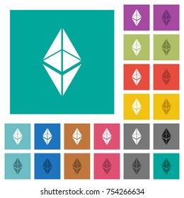 Ethereum classic digital cryptocurrency multi colored flat icons on plain square backgrounds. Included white and darker icon variations for hover or active effects.