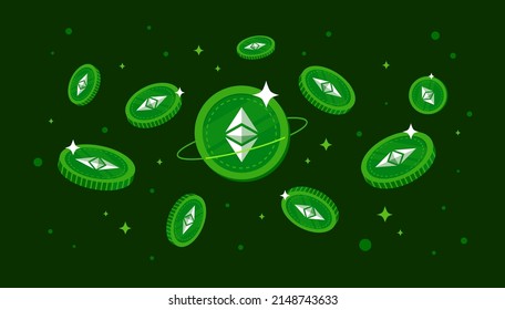 Ethereum Classic (ETC) coins falling from the sky. ETC cryptocurrency concept banner background.