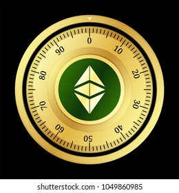 Ethereum Classic (ETC) cryptocurrency safe lock. Eps10 vector illustration isolated on black background.