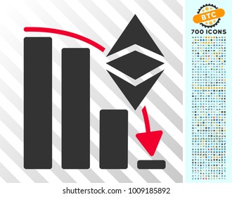 Ethereum Classic Falling Chart icon with 700 bonus bitcoin mining and blockchain pictograms. Vector illustration style is flat iconic symbols designed for crypto currency websites.