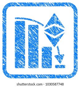 Ethereum Classic Falling Chart rubber seal stamp imitation. Icon vector symbol with grunge design and dirty texture in rounded square frame. Scratched blue emblem on a white background.