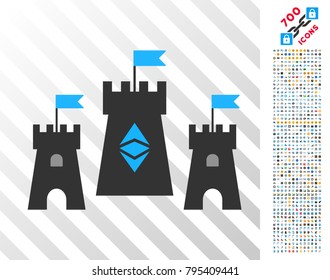 Ethereum Classic Fortress pictograph with 700 bonus bitcoin mining and blockchain images. Vector illustration style is flat iconic symbols design for crypto-currency apps.