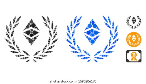 Ethereum classic laureal wreath mosaic of filled circles in variable sizes and color tinges, based on Ethereum classic laureal wreath icon. Vector filled circles are united into blue mosaic.