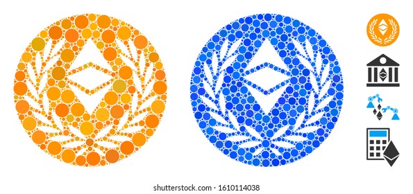 Ethereum classic laurel coin composition of filled circles in different sizes and color tints, based on Ethereum classic laurel coin icon. Vector random circles are composed into blue composition.