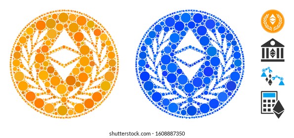 Ethereum classic laurel coin mosaic of round dots in different sizes and color tinges, based on Ethereum classic laurel coin icon. Vector round dots are combined into blue illustration.