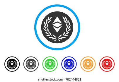 Ethereum Classic Laurel Coin rounded icon. Style is a flat gray symbol inside light blue circle with additional colored variants.
