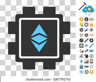 Ethereum Classic Mining Pool pictograph with bonus bitcoin mining and blockchain symbols. Vector illustration style is flat iconic symbols. Designed for crypto currency ui toolbars.
