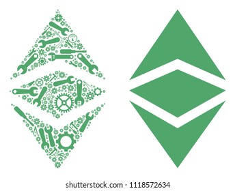 Ethereum classic mosaic of workshop tools. Vector Ethereum classic icon is composed of gearwheels, screwdrivers and other technical objects. Concept for technical job.
