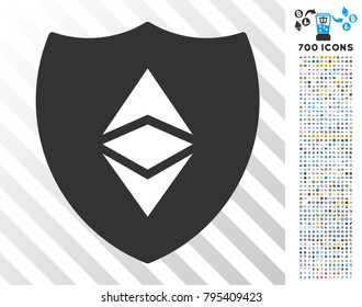 Ethereum Classic Shield icon with 7 hundred bonus bitcoin mining and blockchain pictograms. Vector illustration style is flat iconic symbols design for cryptocurrency apps.