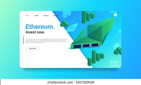 Ethereum - Clean & Simple Isometric Landing Page Design Template. Blue, Green & White Abstract Ethereum Cryptocurrency Concept. EPS10 Vector Template