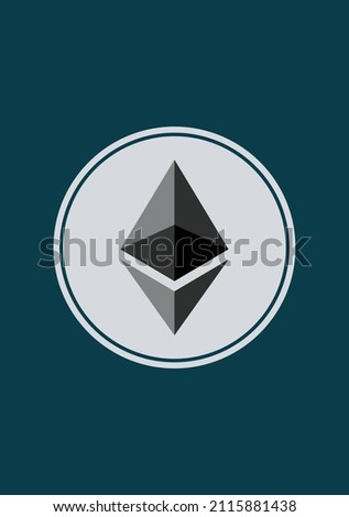 Ethereum coin blue background. Circle. Grey black.