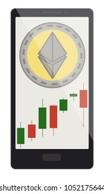 ethereum coin with candlestick chart on a phone screen, crypto currensy with candlestick chart in the phone, ethereum crypto currensy design.