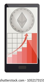 ethereum coin with growth graph on a phone screen,crypto currensy with diagram in the phone,  ethereum crypto currensy design.