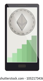 ethereum coin with growth graph on a phone screen,crypto currensy with diagram in the phone,  ethereum crypto currensy design.
