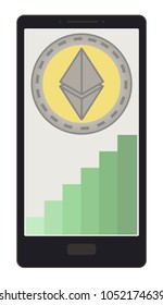 ethereum coin with growth graph on a phone screen,crypto currensy with diagram in the phone,  ethereum crypto currensy design.