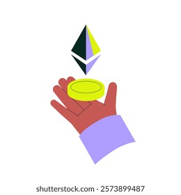 Ethereum coin held by hand, isolated flat vector illustration symbolizing cryptocurrency, blockchain technology, and digital asset investment.