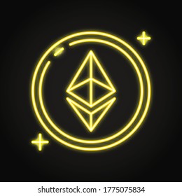 Ethereum coin icon in neon line style. Cryptocurrency altcoin symbol. Vector illustration.