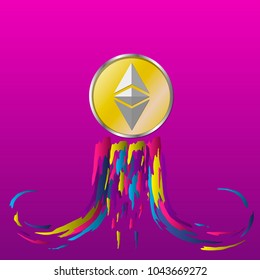 Ethereum coin launches the moon. Fast growth. Modern vector illustration of cryptocurrency.