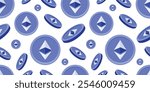 Ethereum coin pattern with blue-toned crypto symbols on white background. Vector flat pattern in ethereum  crypto blockchain innovative finance style. For prints, decor, wrapping paper.