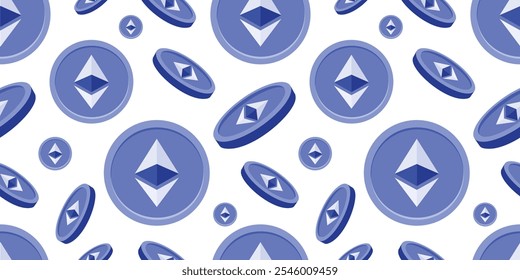 Ethereum coin pattern with blue-toned crypto symbols on white background. Vector flat pattern in ethereum  crypto blockchain innovative finance style. For prints, decor, wrapping paper.