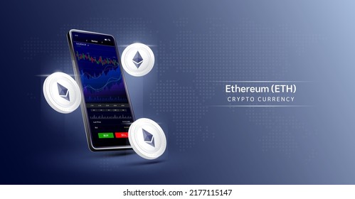 Ethereum coin and Phone. App for trading crypto currency on the touch screen smartphone. Data analytics stock market. Mobile banking cryptocurrency. Vector 3d. 