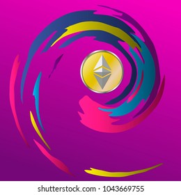 Ethereum coin in spiral brush stroke. Ethereum cryptocurrency. Electronic money illustration. Colorful vector background.