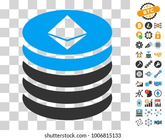 Ethereum Coin Stack icon with bonus bitcoin mining and blockchain pictographs. Vector illustration style is flat iconic symbols. Designed for crypto currency apps.